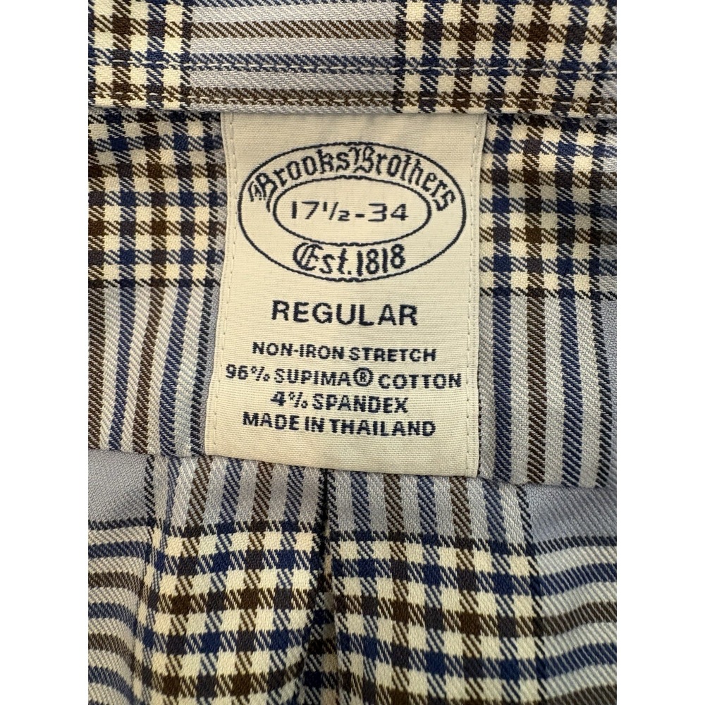 Brooks Brothers Dress Shirt Mens 17.5 34 Blue/Brown Plaid NonIron Stretch Supina - Picture 4 of 9